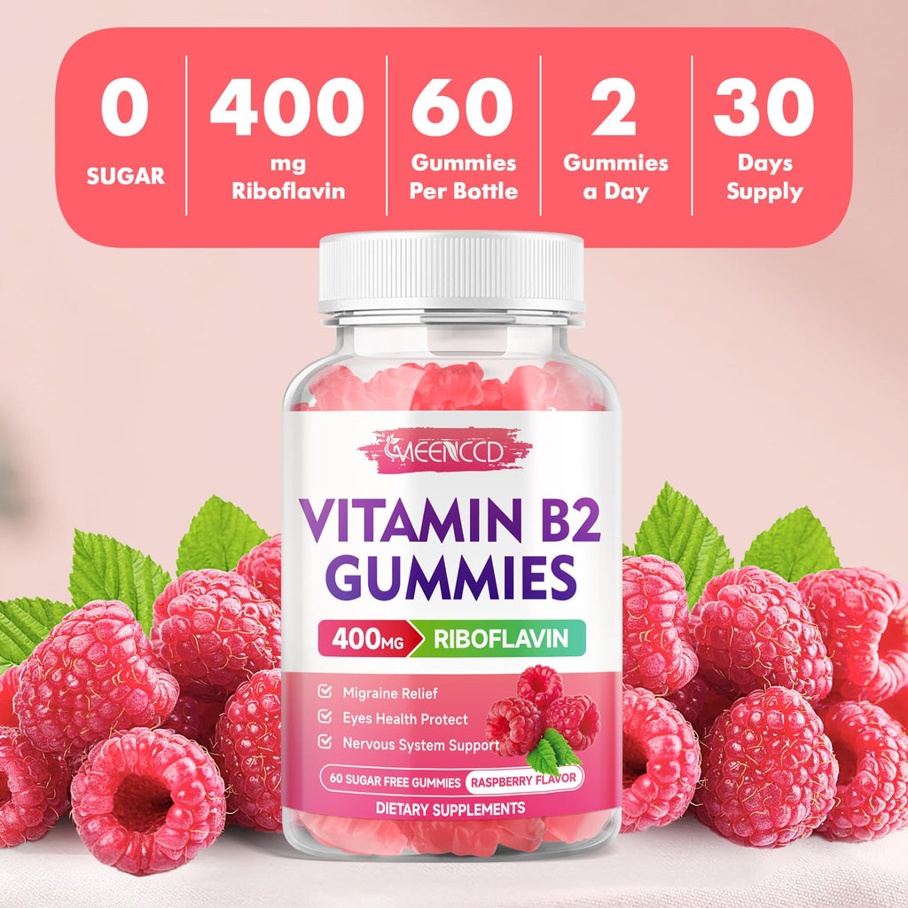 MEENCCD Vitamin B2 Gummies Riboflavin 400mg Supplement with Magnesium for Kids & Adults, B2 Gummies for Migraine Relief & Nervous System Support, Vegan, Sugar-Free, Raspberry Flavor, 60 Count