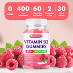 MEENCCD Vitamin B2 Gummies Riboflavin 400mg Supplement with Magnesium for Kids & Adults, B2 Gummies for Migraine Relief & Nervous System Support, Vegan, Sugar-Free, Raspberry Flavor, 60 Count