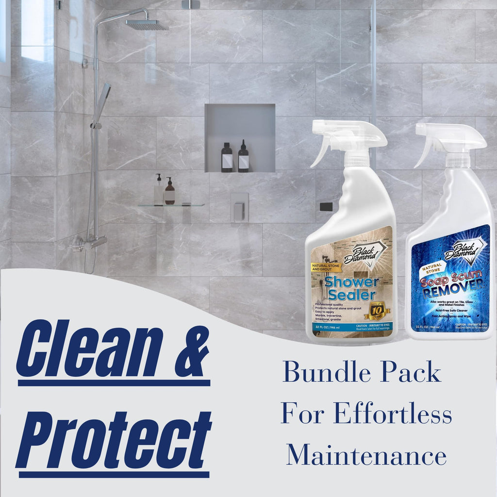 Black Diamond Stoneworks Natural Stone Shower Soap Scum Remover Spray. For Cleaning Bathtubs, Glass Doors, Tubs, Travertine, Marble, Tile. Heavy Duty, Safe Acid-Free Cleaner. Safe for fixtures.