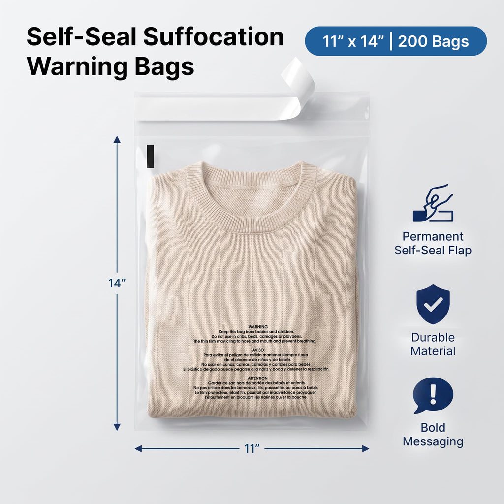 11” X 14” (200 Count) Self Seal Clear Poly Bags with Suffocation Warning