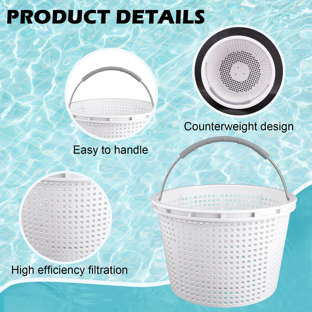 8" Pool Skimmer Basket for Inground Pool Compatible with Pentair U-3 Skimmer Basket 08650-0007 and Hayward SP1070 SPX1070E Pool Basket ，Stainless Steel Handle，Rubber Grip & Built in weighting，White