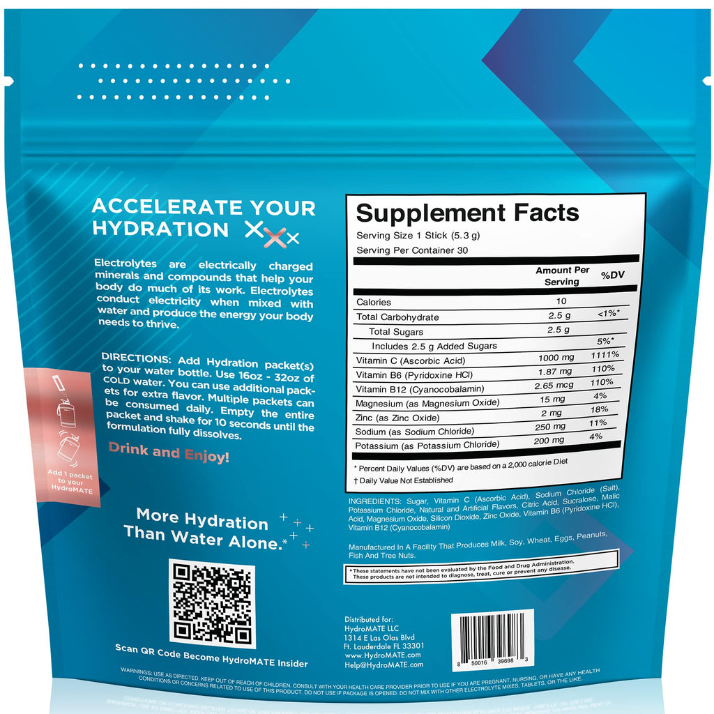 HydroMATE Electrolyte Powder Peach Tea Hydration Packets Low Sugar 30 Count