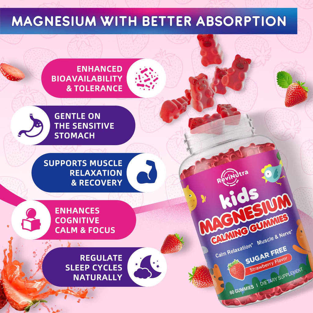 2 Pack Magnesium Gummies for Kids - Magnesium Glycinate Gummies with L-Theanine, Chamomile, Licorice, Vitamin B6, D for Kids & Adults Sleep, Muscle Relief & Nerve Bone - Strawberry 120ct