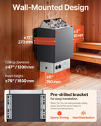 VEVOR Sauna Heater,220V Electric Sauna Stove, Steam Bath Sauna Heater 3h Timer and Adjustable Temp for Max. 176-318 Cubic Feet, (4.5KW) FCC Certification