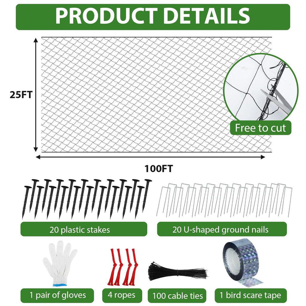 Unves 25 x 100 Ft Bird Netting, 2.4" Square Mesh Bird Net for Chicken Coop