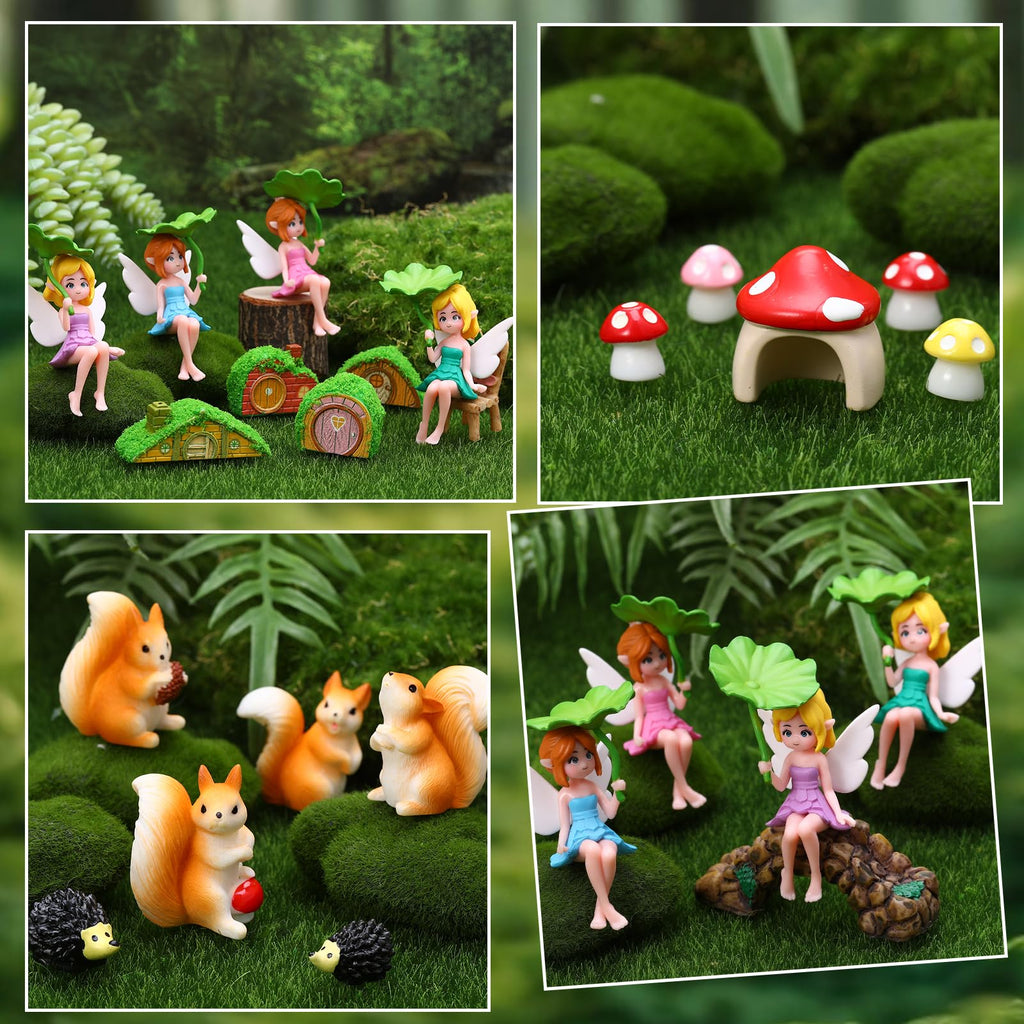 GGSTDDUP 32 PCS Mini Fairy Garden Accessories Kit Miniature Garden Ornaments Included Resin House Statues Tiny Fairies Figurines Animal Plant Set for DIY Terrarium Potted Plants Dollhouse Desk Decor