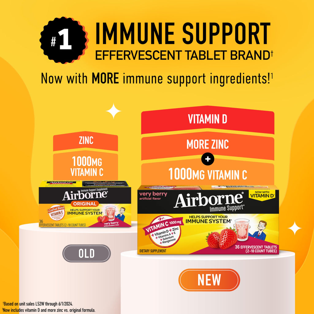 Vitamin C 1000mg (per serving) - Airborne Very Berry Effervescent Tablets (36 count in a box), Gluten-Free Immune Support Supplement, With Vitamins A C E, ZINC, Selenium, Echinacea & Ginger