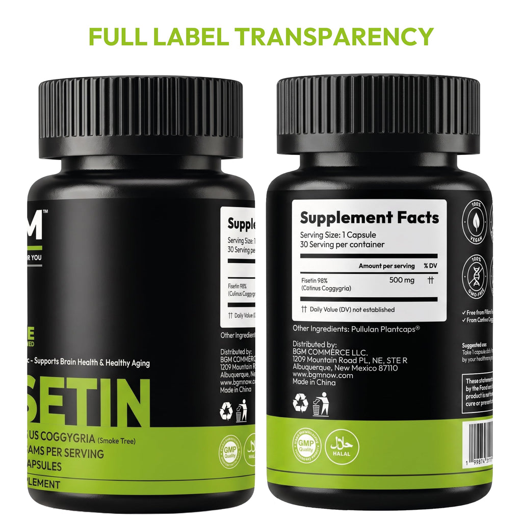 BGM Fisetin 500mg Supplement | Cotinus Coggygria (Smoke Tree) Extract | 98% Pure Flavonoid | Antioxidant Support | Vegan Capsules | 30 Count