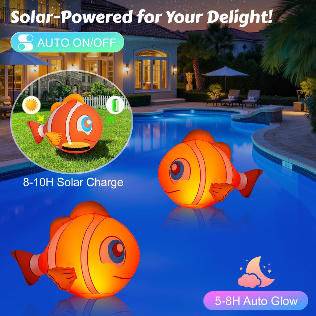 Cootway Floating Pool Lights Solar Powered, 16'' Inflatable Waterproof Clownfish Solar Pool Lights that Float, Auto On/Off LED Floating Lights for Pool Garden Backyard Outdoor Decoration - (2 Piece)