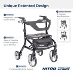 Drive Medical Nitro Sprint Foldable Rollator Walker with Seat - Lightweight Support - Large Wheels - Compact Folding Design - Adjustable Comfort - Tall Size - Black