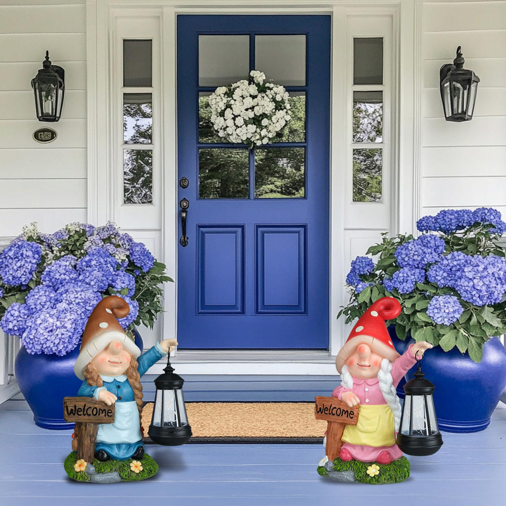 FLJZCZM Solar Large Gnome Garden Statue with LED Lantern Welcome Sign Blue