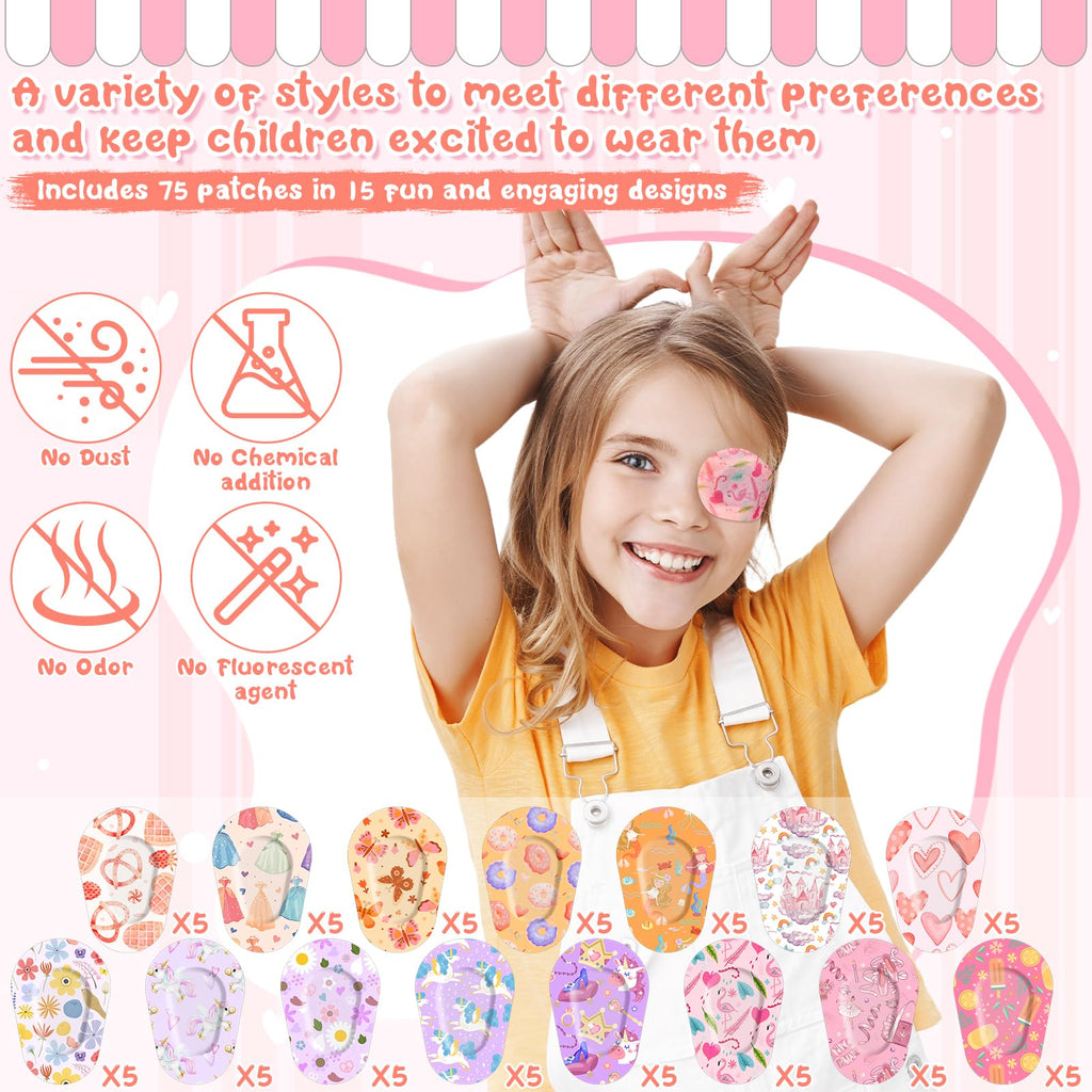 75 Pcs Kids Eye Patches 15 Cute Styles Soft Breathable Cotton Adhesive Patches for Amblyopia and Lazy Eye, 2.95"x1.96" Disposable Bandages for Toddlers, Girls & Adults, Bulk Pack
