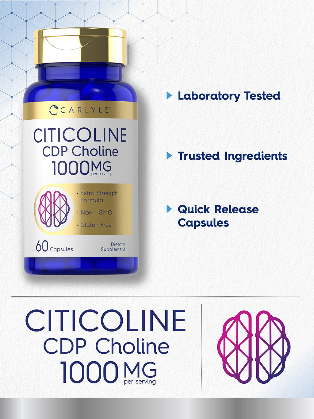 Carlyle Citicoline CDP Choline 1000mg | 60 Capsules | Extra Strength Formula | Non-GMO, Gluten Free Supplement