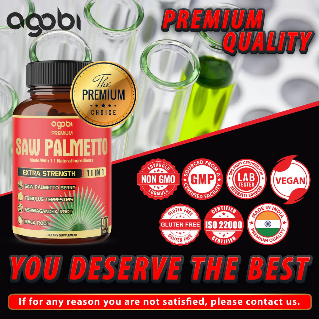 Premium Saw Palmetto Capsules - Combined with Ashwagandha, Turmeric, Tribulus, Maca, Green Tea, Ginger, Holy Basil & More - 90 Capsules 3-Month Supply