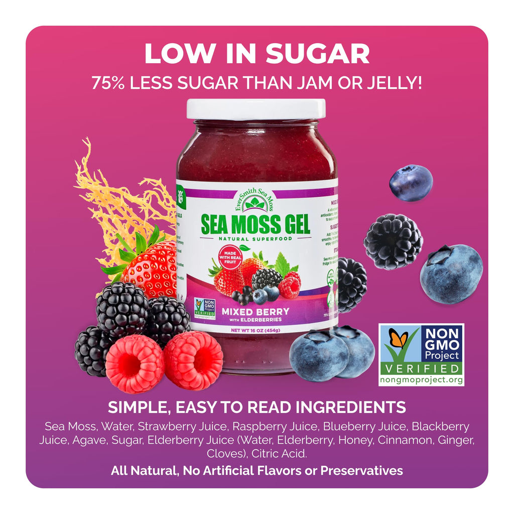 EverSmith Organics - Wildcrafted Irish Sea Moss Gel | Made in USA | Rich in Vitamins & Minerals | Sea Moss Gel Raw | Nutritional Supplement | Mixed Berry (16 oz)