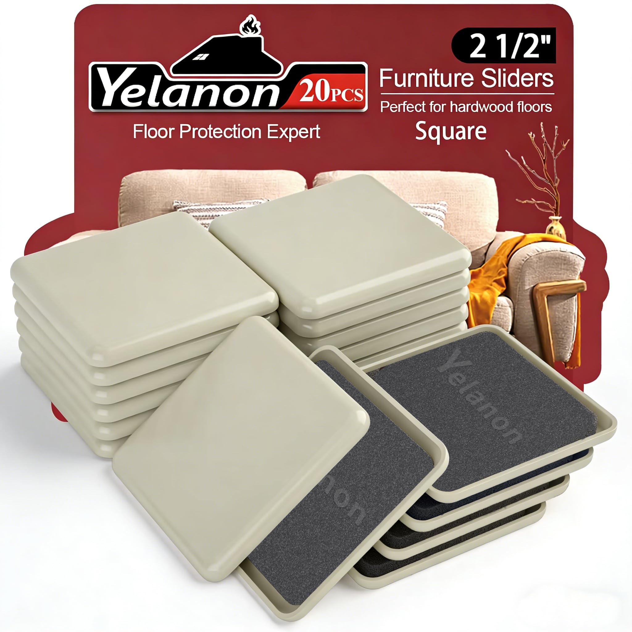 Furniture Sliders 20 pcs-2 1/2” Square Furniture Sliders for Carpet Furniture Pads Hardwoods Floors, Heavy Duty Furniture Movers Sliders Reusable Furniture Moving Pads Floor Protectors for Carpet