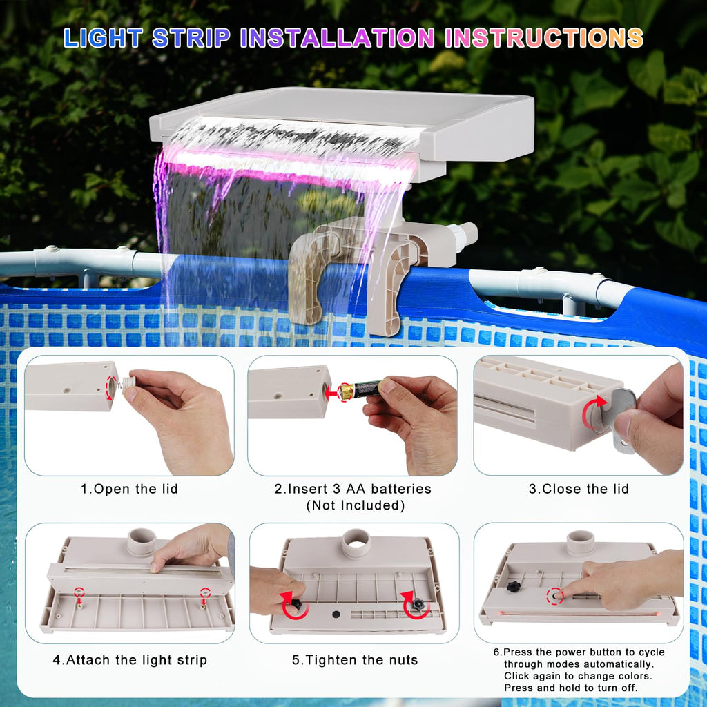 Pool Fountain Waterfall for Above Ground Pools, Swimming Pool Attachment Accessories, Relaxing Cascade Soothing Waterfall, Fits Various Frame Pools (with 7 LED Light)