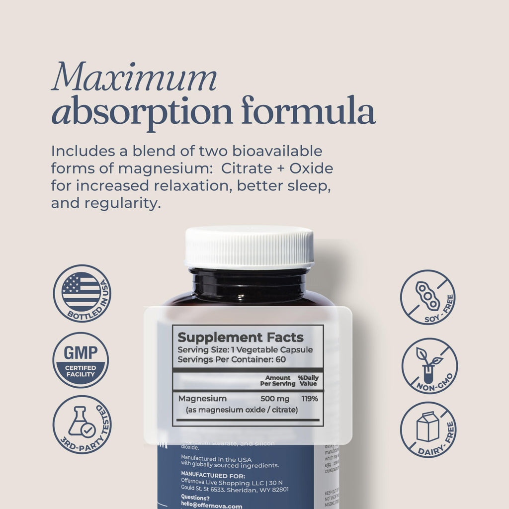 Offernova Magnesium Ultra - High Absorption 500mg Vegan Magnesium Citrate & Oxide Complex - Boost Sleep, Digestion & Muscle Health for Men & Women – Constipation Relief - Citrato de Magnesio