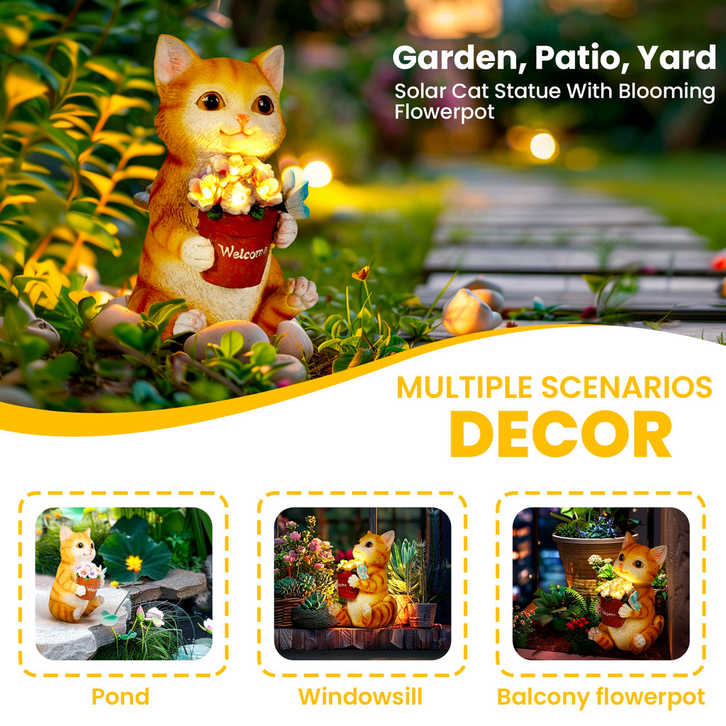 GIGALUMI Solar Garden Decor Flower Pot Cat Statues Outdoor, Birthday Gifts for Women Mom Grandma Senior Elder, Cat Ornament for Balcony, Garden, Patio, Yard, Lawn