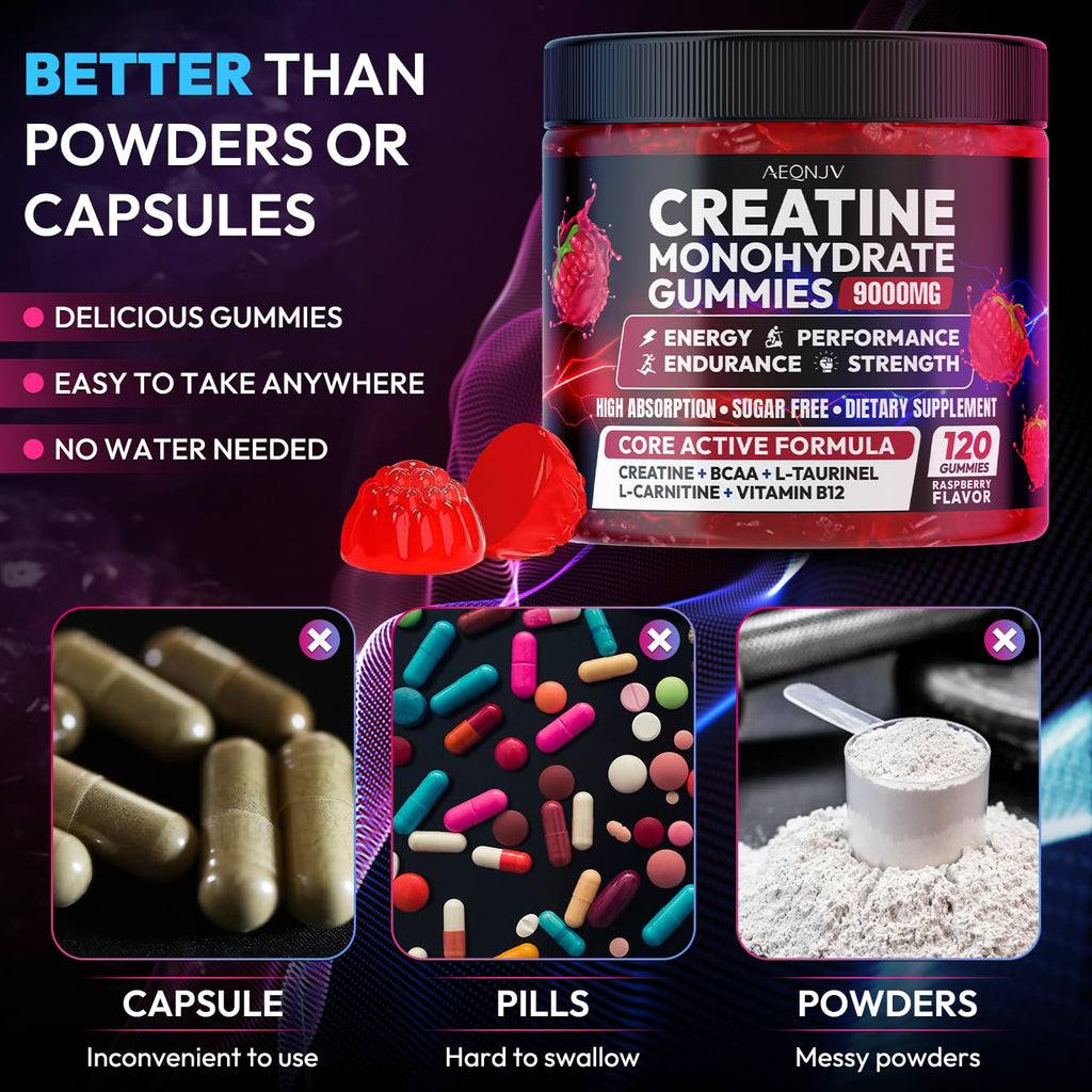 AEQNJV Creatine Gummies Monohydrate Complex 9000MG, Pre-Workout for Men & Women, Creatine Gummy with L-Taurine, BCAA 2:1, B12/6 for Muscle Support, Enhance Strength, Energy Boost-120 Count