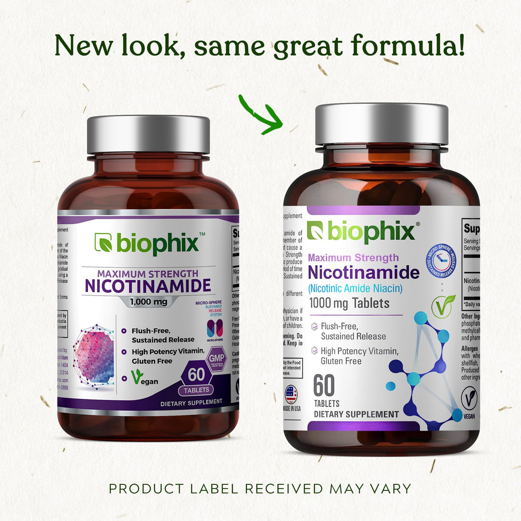 biophix B-3 Nicotinamide 1000 mg 60 Tablets Extra Strength Timed Release - Nicotinic Amide Niacin Natural Flush-Free Vitamin Formula - Supports Skin Cell Health