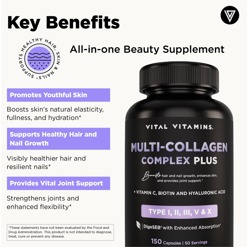 Vital Vitamins Multi Collagen Complex Plus - with Biotin, Hyaluronic Acid, Vitamin C - Type I, II, III, V, X - for Women & Men - Hair, Skin, Nails Beauty Complex - 150 Capsules