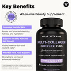 Vital Vitamins Multi Collagen Complex Plus - with Biotin, Hyaluronic Acid, Vitamin C - Type I, II, III, V, X - for Women & Men - Hair, Skin, Nails Beauty Complex - 150 Capsules