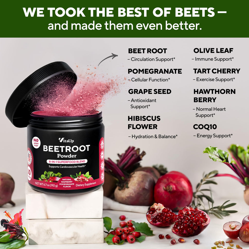VitaUp Beet Root Powder 8 in 1 – USA Made Beets Powder Supplements with Grape Seed, Hawthorn, Coq10 – with Organic Beetroot for Energy & Circulation Support – Non-GMO, Mixed Berry Flavor, 30 Serving