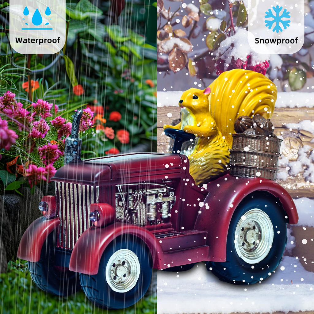 YUETJIN Solar Lighted Squirrel's Farm Tractor Statue