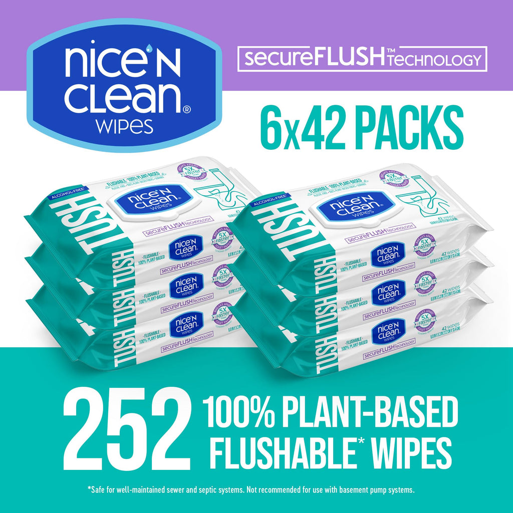 Nice 'N Clean SecureFLUSH Flushable Wet Wipes (42 Count - 6 Packs) | Moist Toilet Tissue with Moisturizing Aloe & Vitamin E | 0% Alcohol Formula for Sensitive Skin | Butt Wipes for Adults