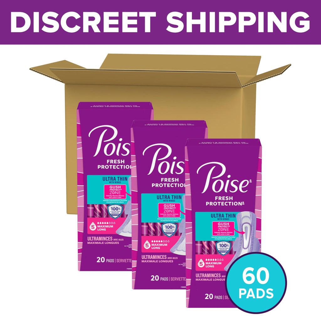 Poise Ultra Thin Incontinence & Postpartum Pads with Wings for Bladder Leaks, 5 Drop Maximum Absorbency, Long Length, 60 Count (Packaging May Vary)
