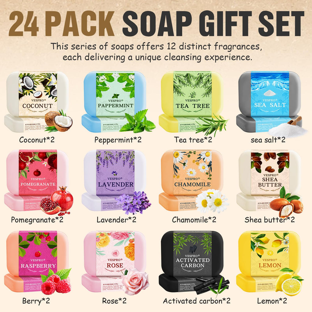 24Pack Natural Bar Soap Gift Set with Olive Extract, Moisturizing, Body Wash & Face, Bulk Gifts for Women, Thank You Gifts, Teacher Appreciation Gifts, Nurse Gifts, Mothers Day Gifts, Travel Size