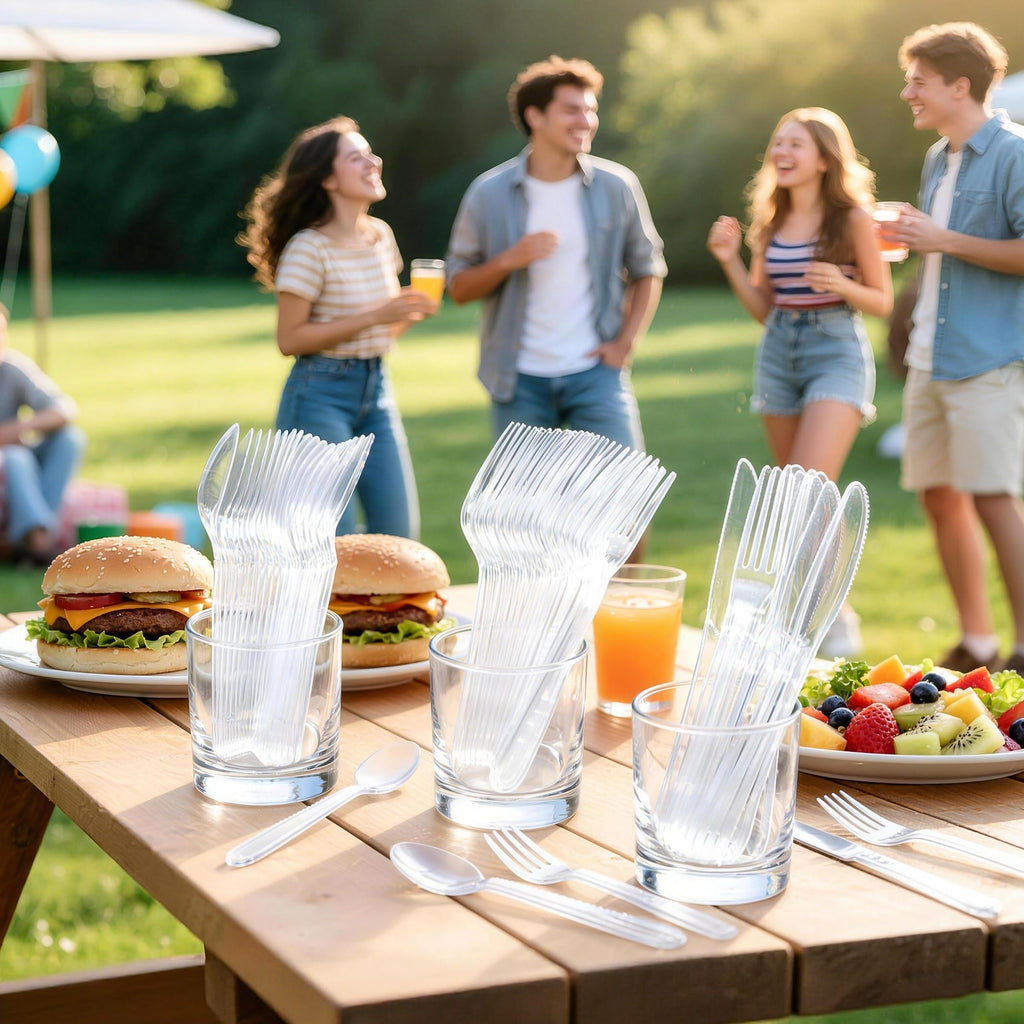 BYSNOW 360 Count Extra Heavy Duty Plastic Silverware, BPA-Free, Heat Resistant, Disposable Clear Plastic Utensils Set, Plastic Cutlery Set, Plasticware Bulk for Parties, Events and Everyday Use