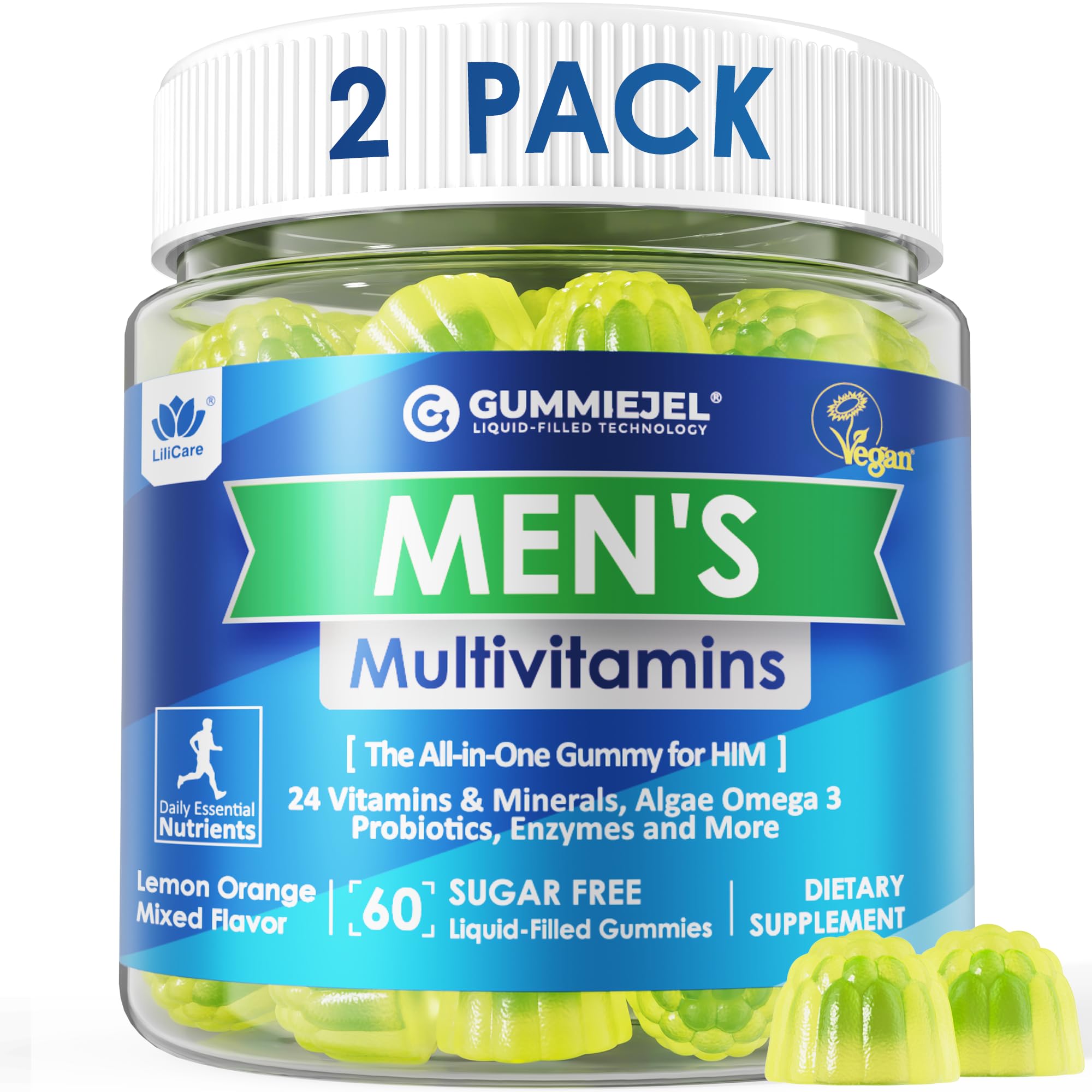 2 Pack - Mens Multivitamins Gummies, Methylated Multivitamin for Men, B Complex, Minerals, Vegan Omega 3, Probiotic, Enzyme, Antioxidants for Men's Complete Daily Support, Sugar Free, Vegan, (No Iron)