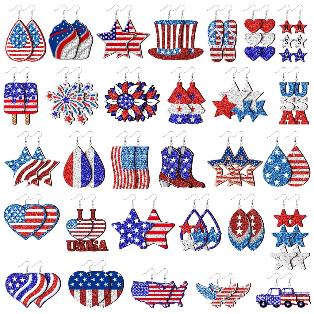 Landical 30 Pairs Glitter 4th of July Patriotic Earrings Bulk for Women Double Sided Print 250th Anniversary Independence Day Wooden Earring American Flag Red White Blue Jewelry Gift for Party