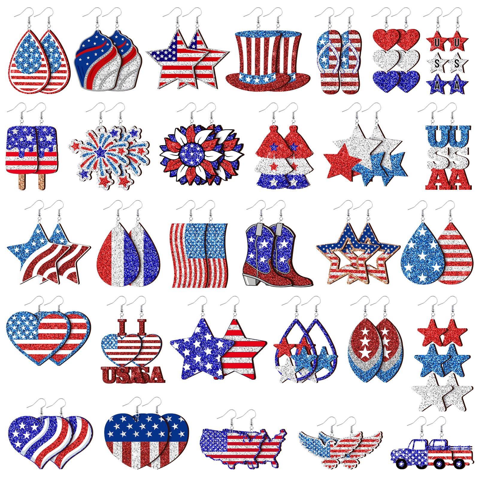 Landical 30 Pairs Glitter 4th of July Patriotic Earrings Bulk for Women Double Sided Print 250th Anniversary Independence Day Wooden Earring American Flag Red White Blue Jewelry Gift for Party