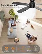 Ohniyou Ceiling Fans with Lights, 52'' Low Profile Ceiling Fan with Light and Remote/APP Control, Modern Flush Mount Ceiling Fan for Indoor Bedroom Living Room, Dimmable, Quiet DC Motor, Black