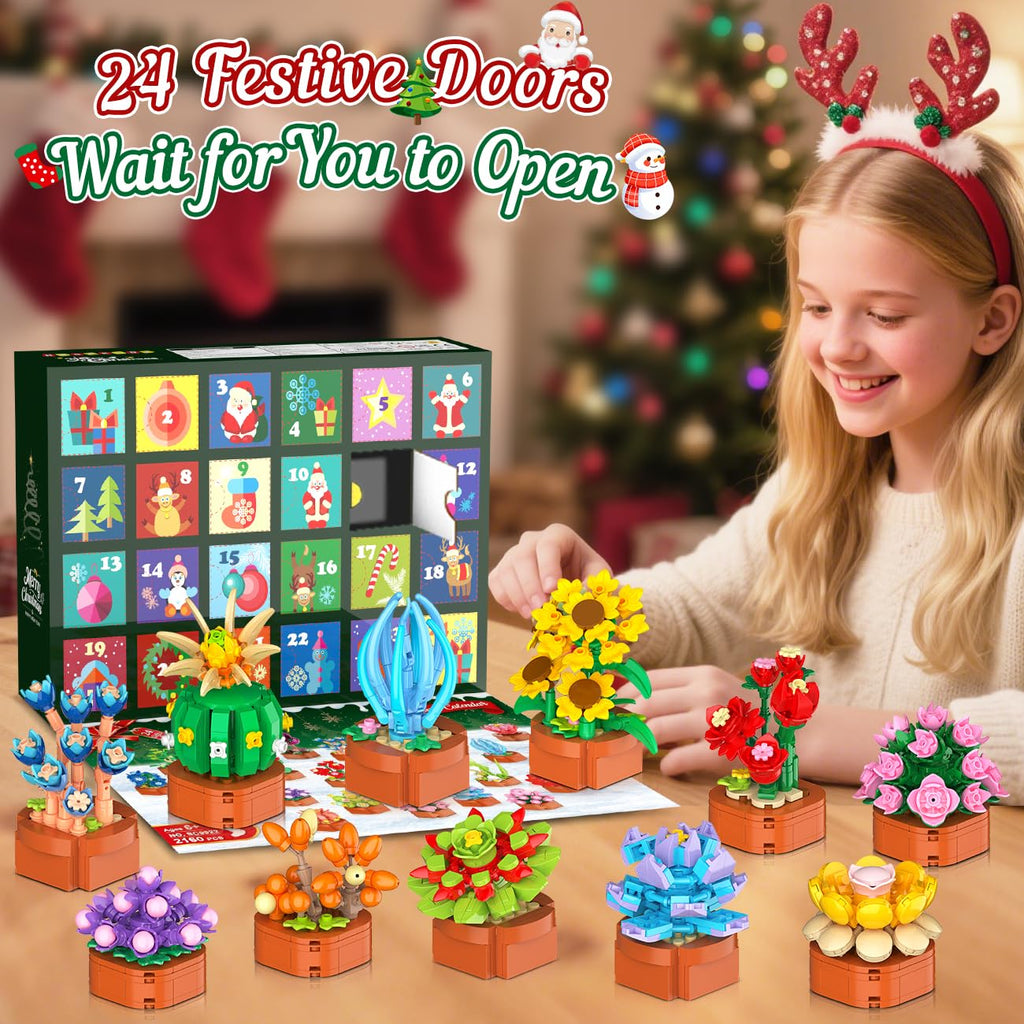 HOGOKIDS Advent Calendar 2025 Flowers Mini Building Set for Kids Adults - 24 Day Succulent Flower Christmas Countdown Calendar 3.6MM Blocks Toys, Xmas Gift Box Set for Boys Girls Women Men Age 10+