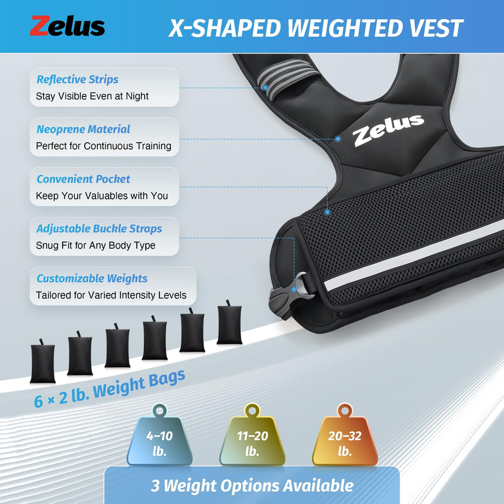 ZELUS Weighted Vest for Men and Women | 4-10lb/11-20lb/20-32lb Vest with 6 Ironsand Weights for Home Workouts | Adjustable Body Weight Vest Exercise Set for Cardio and Strength Training (20-32 lb.)