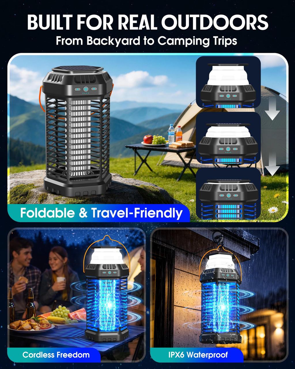 GTERT Solar Bug Zapper Outdoor, Rechargeable Mosquito & Fly Zapper with Auto ON/Off, 6000mAh Long-Lasting, Foldable Camping Light, Solar & USB Powered Bug Zapper for Patio, Camping & Indoor Use
