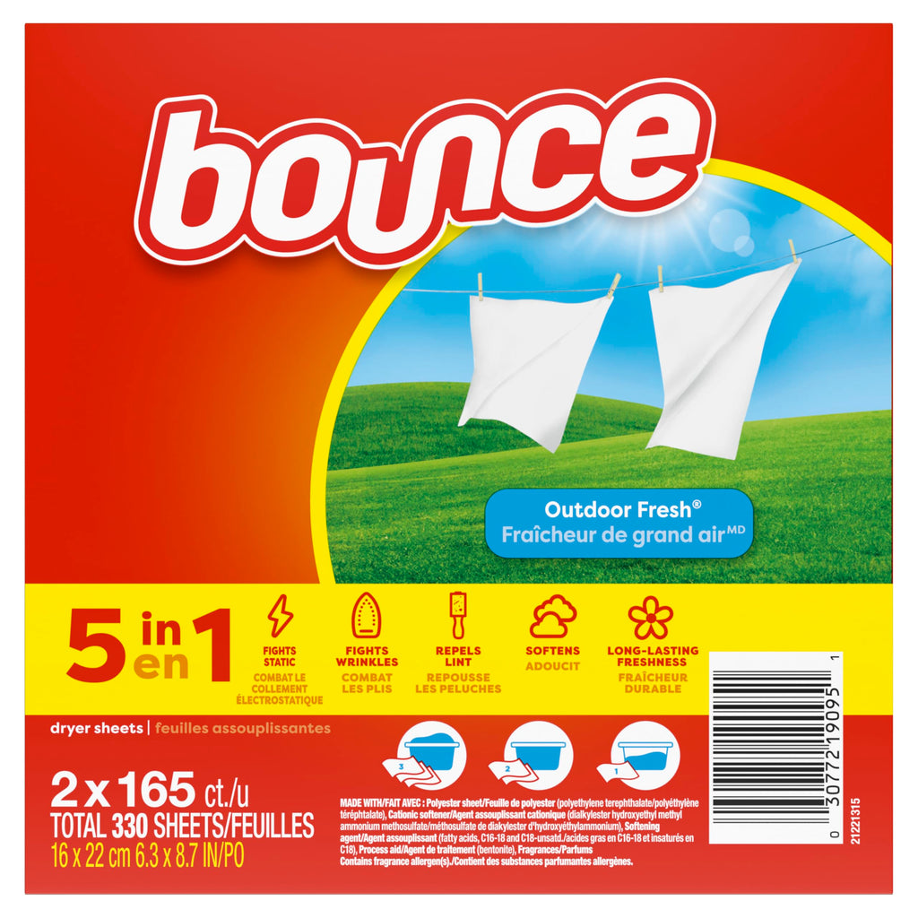 Bounce Dryer Sheets, 330 count, Outdoor Fresh Scent, Fabric Softener Sheets, Reduces Static, Softens and Fights Wrinkles
