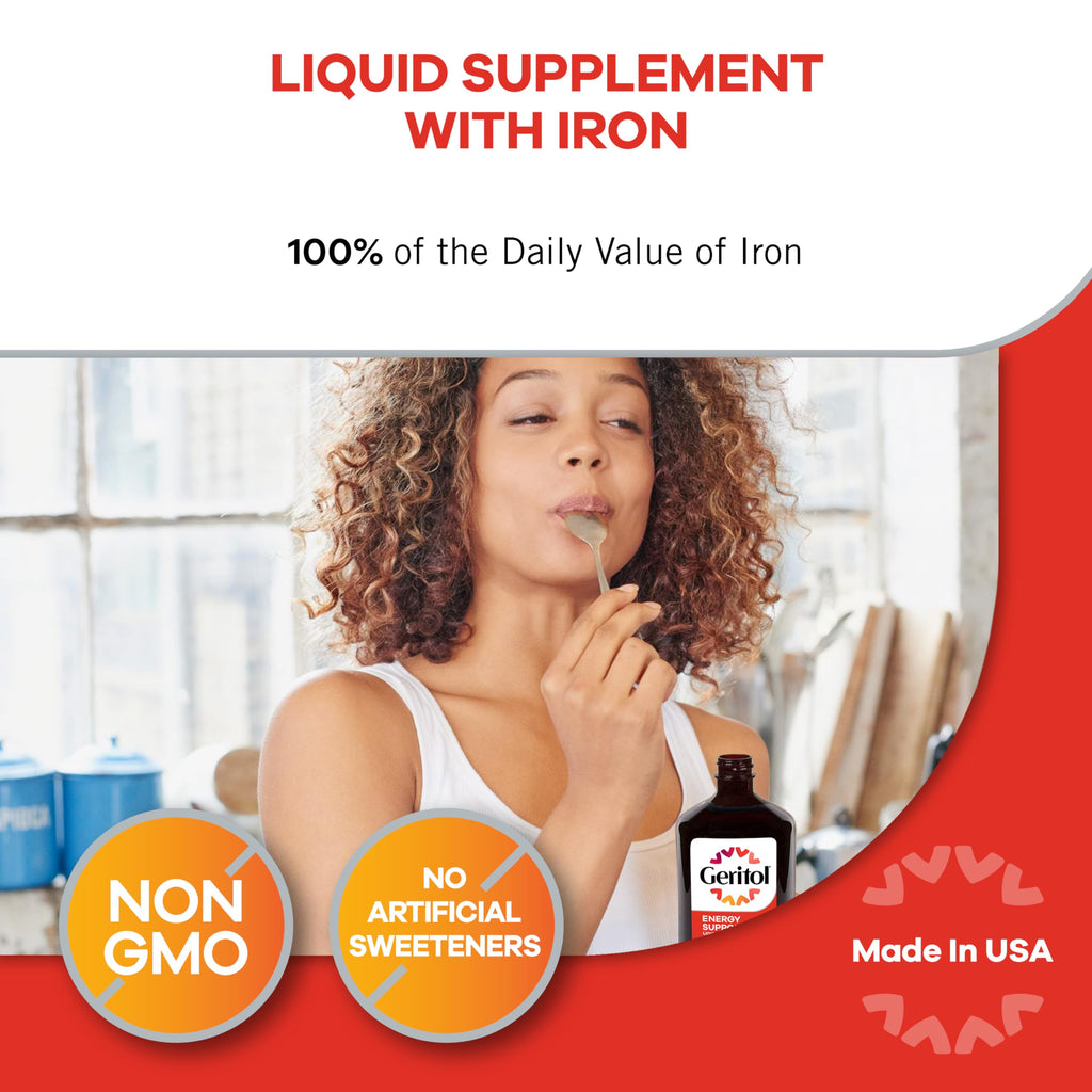 Geritol Liquid Vitamin and Iron Supplement, Energy Support, Contains High Potency B-Vitamins and Iron, Pleasant Tasting, Easy to Swallow, No Artificial Sweeteners, Non-GMO, 12 Oz, 2 Pack