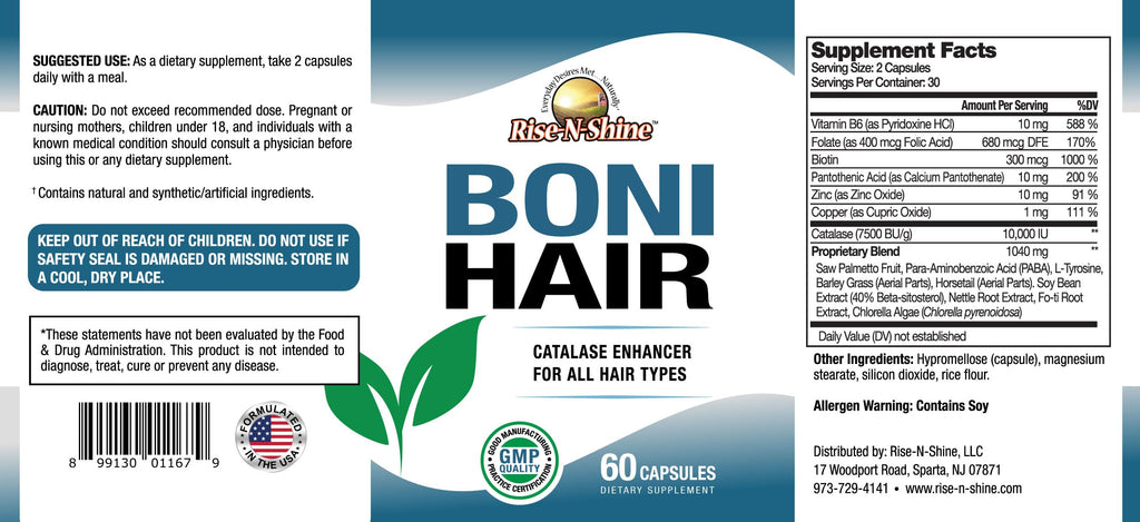 Rise-N-Shine BoniHair Catalase Supplement for Vibrant, Youthful Hair Support- 10,000 IU Catalase with Saw Palmetto, Biotin, Fo-Ti, PABA - 60 Capsules