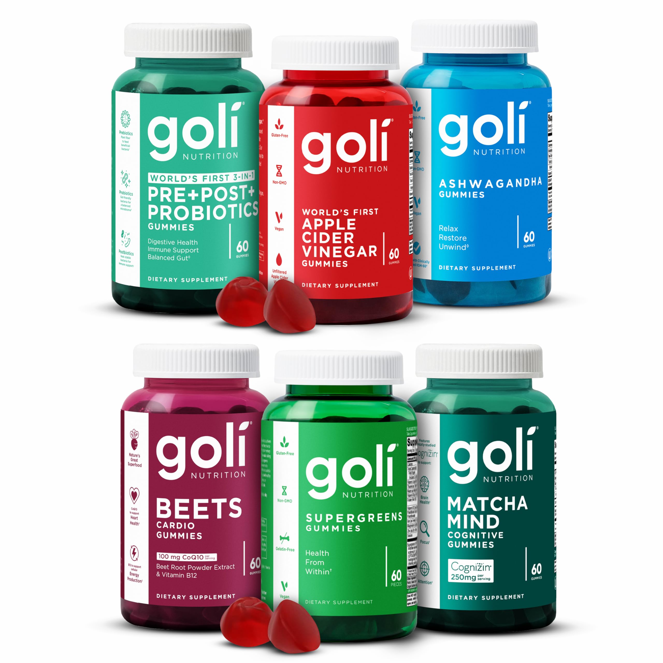 Goli Ultimate Wellness Gummies Variety Pack, 6 Bottle Bundle with Supergreens, Matcha Mind, Ashwagandha, Beets, ACV & Pre+Pro+Postbiotics, Vegan, Non-GMO & Gluten Free