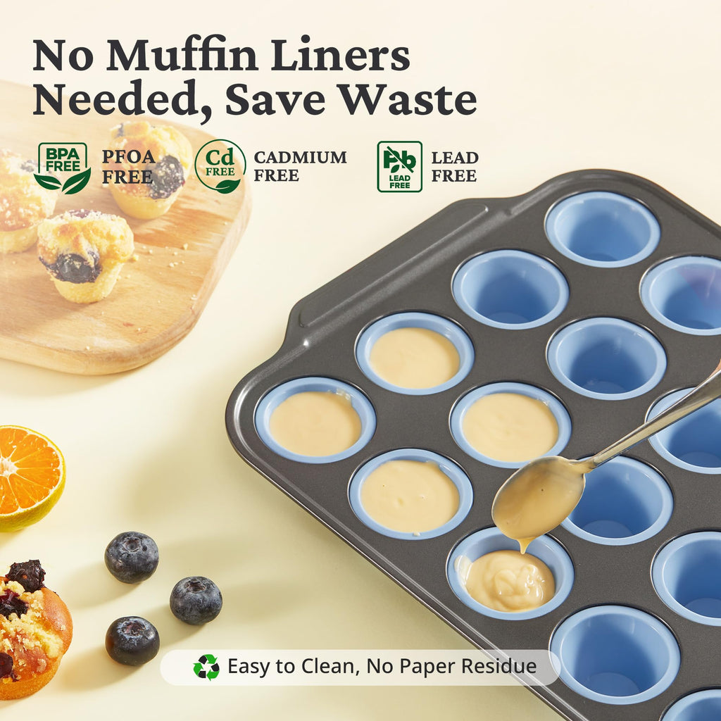 BRONYPRO Silicone Mini Muffin Pan with Metal Frame, Egg Bite Molds for Baking,Cupcake Pan 24 Regular Size, Mini Muffin Tin Easy to Pop Nonstick Non Toxic Bakeware for Oven,Blue