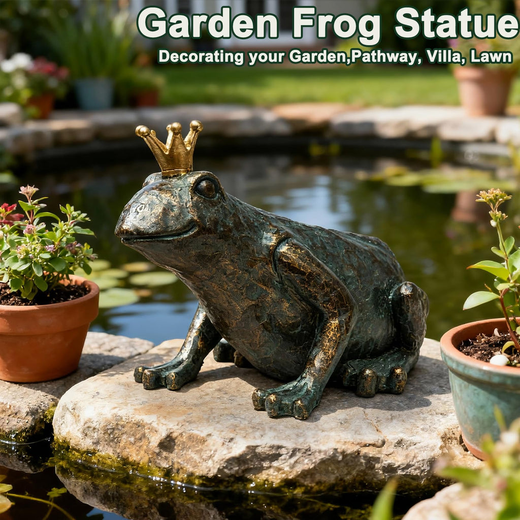 Lune cle Crouching Frog Prince Garden Statue, Yard Decorations Outdoor Decor, Weather-Resistant Animal Figurines & Sculptures for Patio & Porch, 11.5" L×8" H