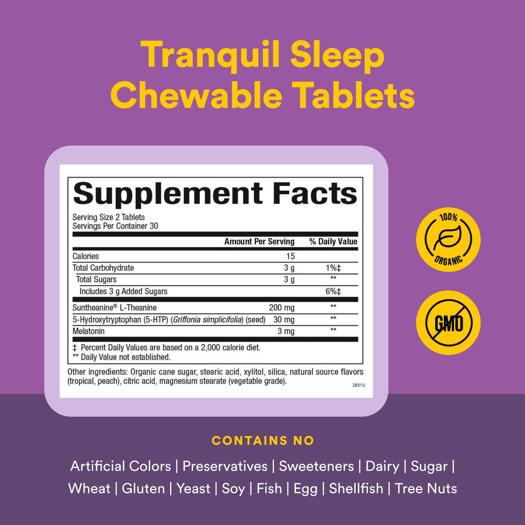 Natural Factors Tranquil Sleep - Calm Sleep Health Supplement - Relaxation Support Supplement with Melatonin & 5-HTP - 120 Chewable Tablets (30 Servings)