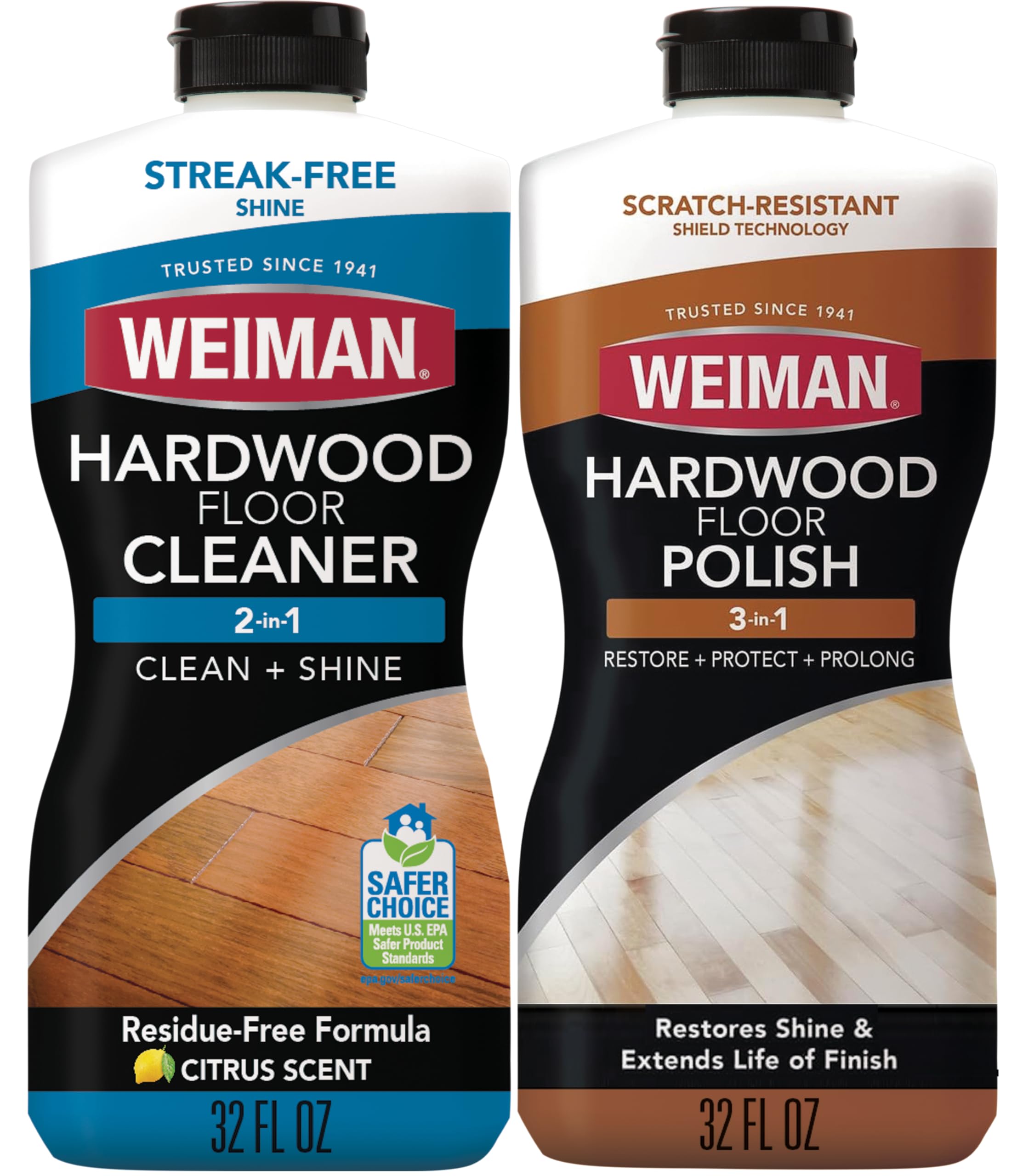 Weiman Hardwood Floor Cleaner and Polish Restorer Combo - 2 Pack - High-Traffic Hardwood Floor, Natural Shine, Removes Scratches, Leaves Protective Layer