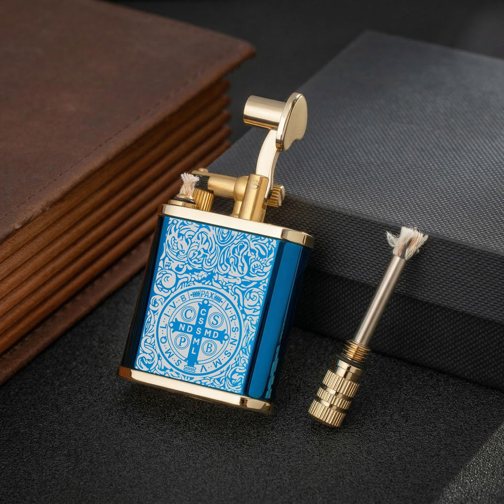 2 in 1 Lighter Permanent Match Antique Style Lift Arm Kerosene Lighter with Permanent Match (Blue Ice Constantine)