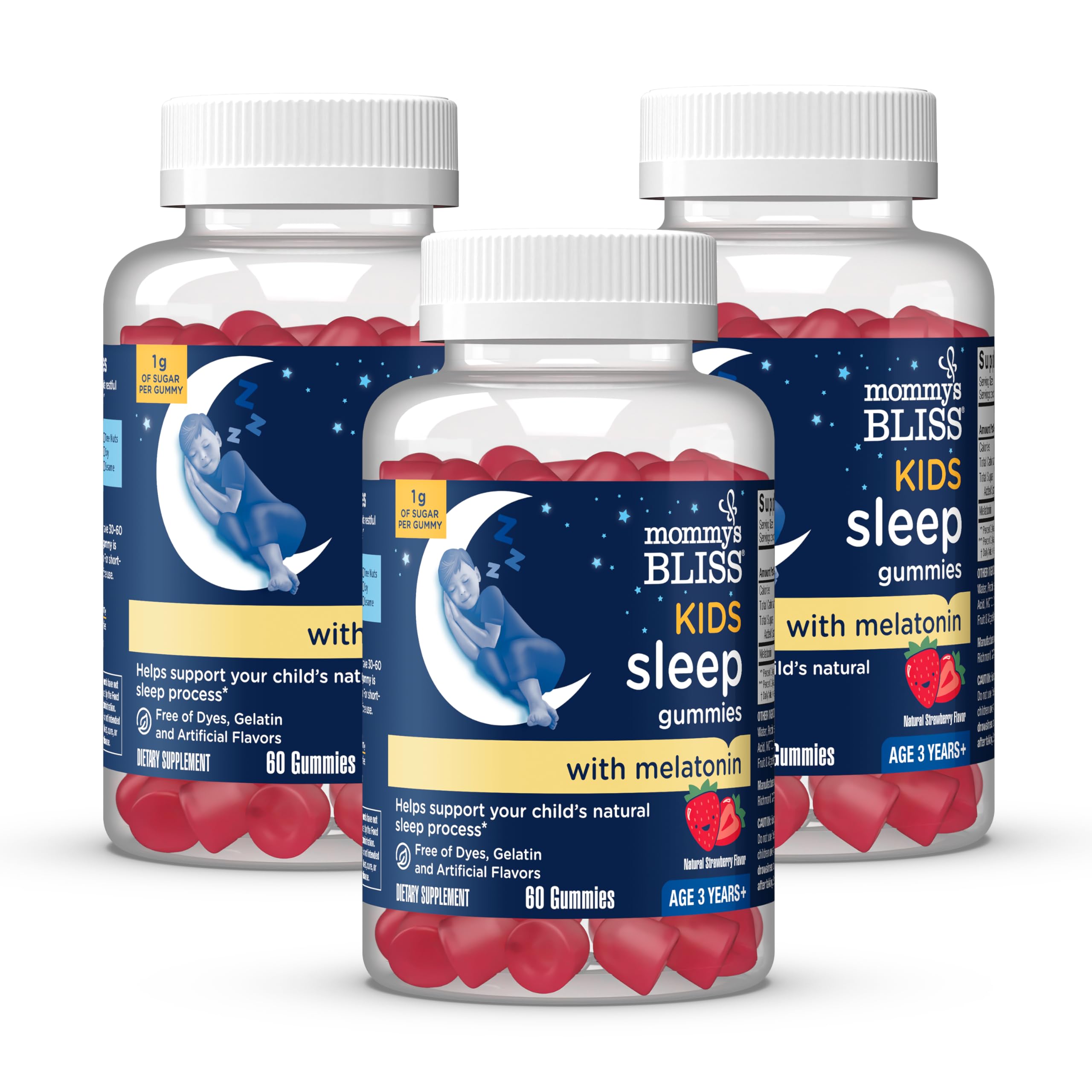 Mommy's Bliss Kids Sleep Gummies with Melatonin, Support Your Natural Sleep Process, Age 3 Years to Adults, Strawberry Flavor, 1G of Sugar, 60 Gummies (Pack of 3)